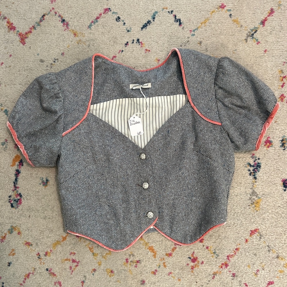 Tweed Button Top with Pink Velvet Trim